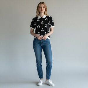 Vintage Juicy Couture Black and White Cherry Print Polo Top